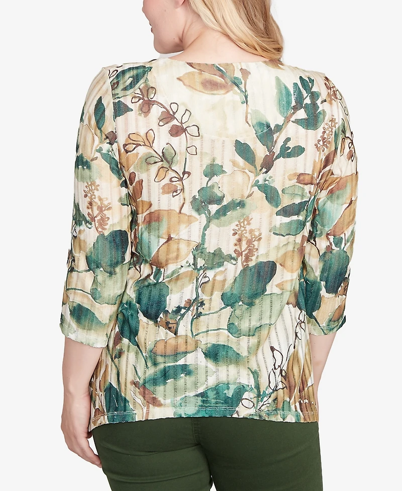 Alfred Dunner Women's Mount Laurel Abstract Leaf Sharkbite Hem Top with Necklace