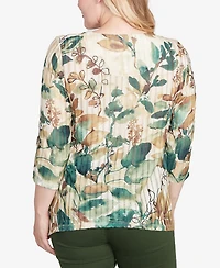 Alfred Dunner Women's Mount Laurel Abstract Leaf Sharkbite Hem Top with Necklace