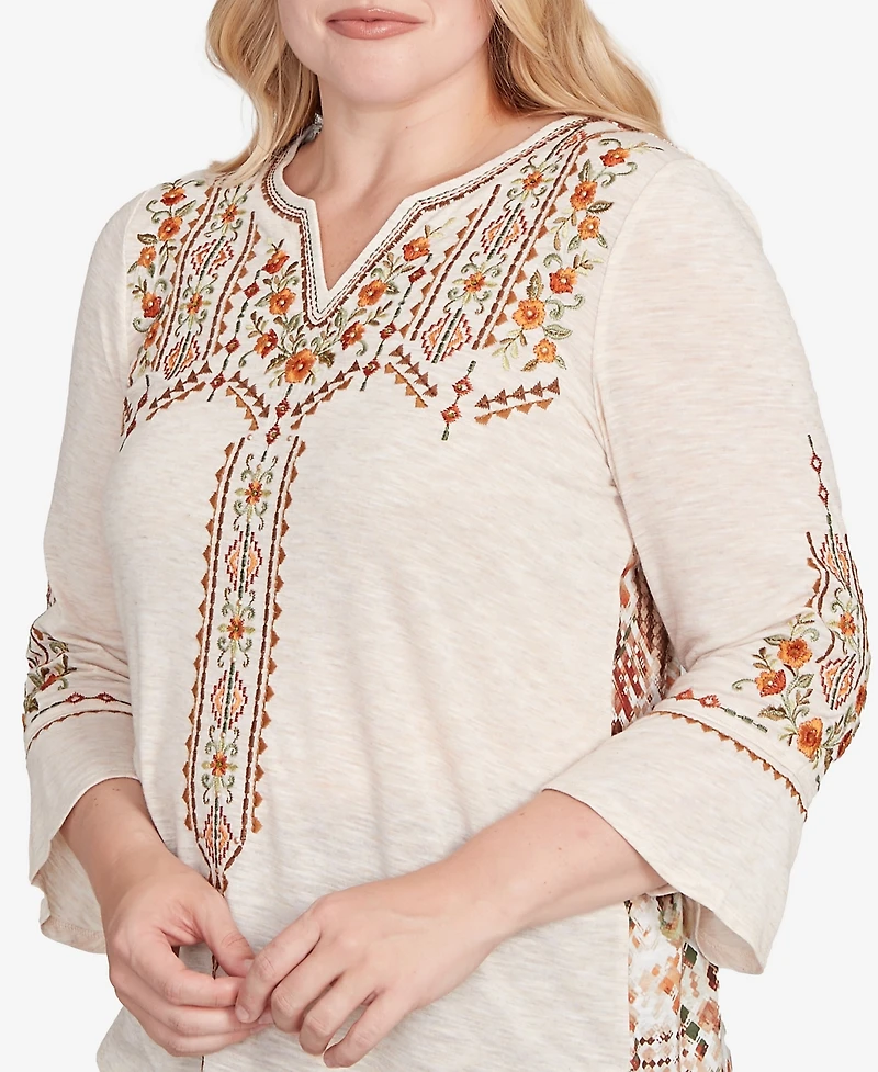 Alfred Dunner Women's Mount Laurel Geometric Floral Embroidery Printed Top