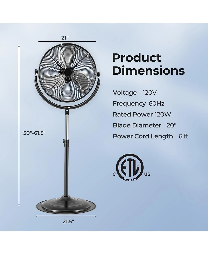 Mecale 20 Inches High Velocity Pedestal Fan with 3 Speeds and Adjustable Height