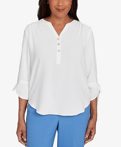 Alfred Dunner Women's Tie Sleeve Crinkle Textured Henley Top