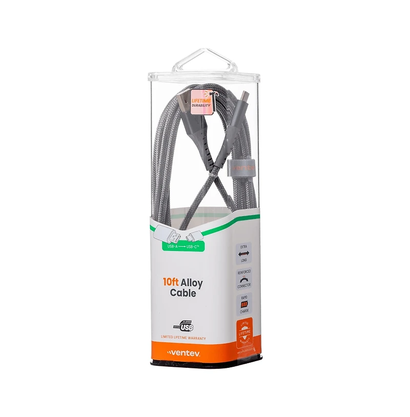 Ventev Alloy Usb A to Usb C High Speed Ultradurable 10 Foot Cable-Silver