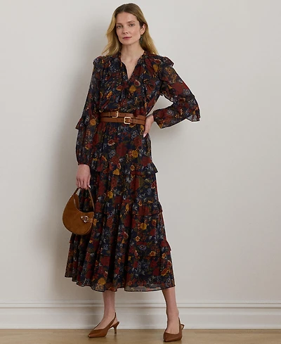 Lauren Ralph Women's Floral Crinkle Georgette Tiered Dress