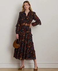 Lauren Ralph Lauren Womens Floral Crinkle Georgette Tiered Dress 0p 18