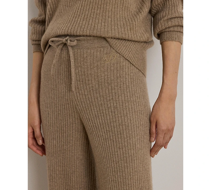 Lauren Ralph Women's Rib-Knit Cashmere Checha Full Length Wide-Leg Pants