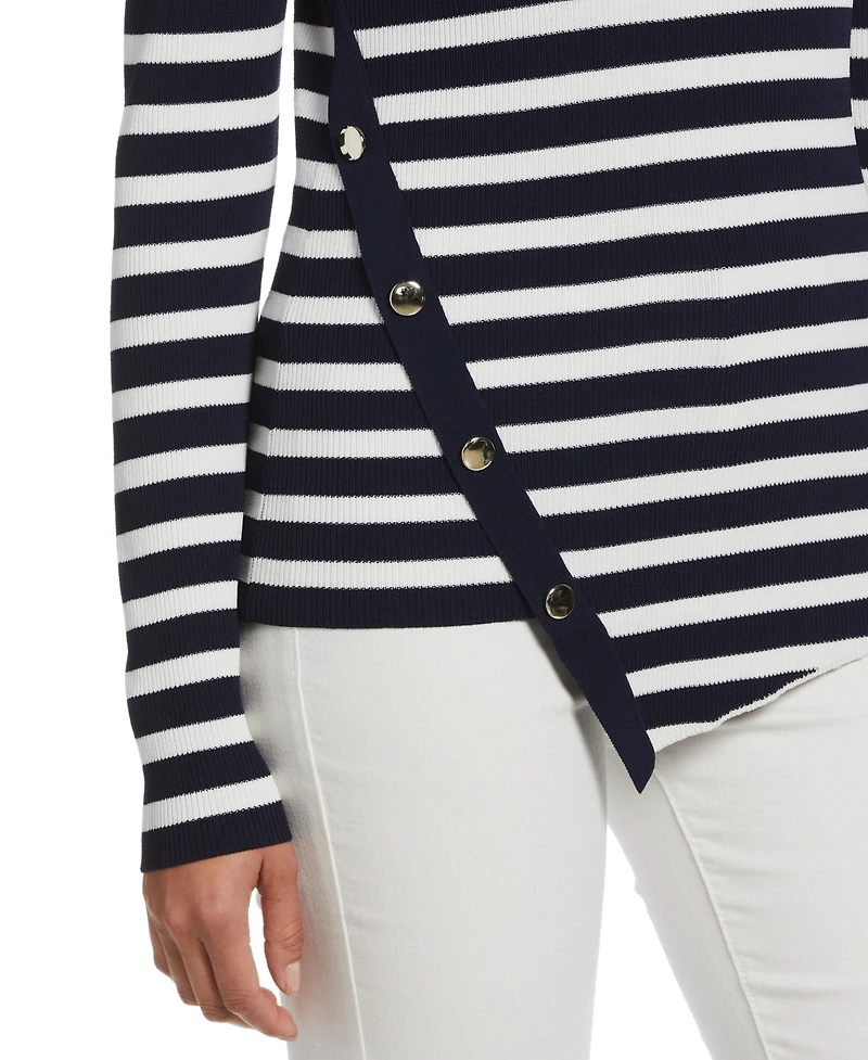 Ella Rafaella Women's Snap Trim Stripe Asymmetrical Sweater