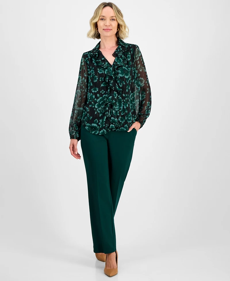 Kasper Women's Printed Ruffle-Front Long-Sleeve Blouse