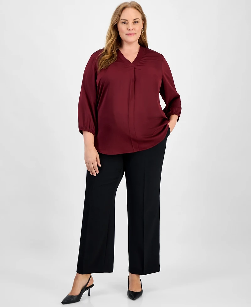 Jones New York Plus Satin 3/4-Puff Sleeve V-Neck Blouse