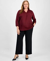Jones New York Plus Satin 3/4-Puff Sleeve V-Neck Blouse