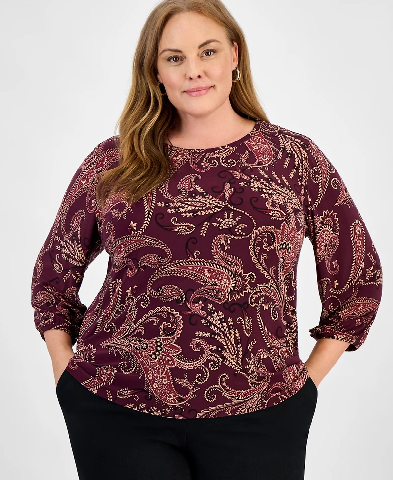 Jones New York Plus Paisley Puff-Sleeve Crewneck Top