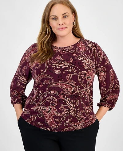 Jones New York Plus Paisley Puff-Sleeve Crewneck Top