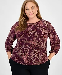 Jones New York Plus Paisley Puff-Sleeve Crewneck Top