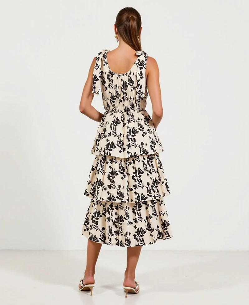 Modenaire Women's Smocked Tiered Bow-Tie Straps Floral Midi Dress
