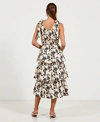 Modenaire Women's Smocked Tiered Bow-Tie Straps Floral Midi Dress