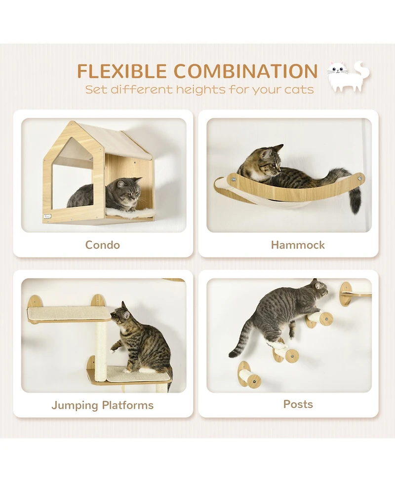PawHut 10-Lvl Wood Cat Tree W/ Cat Shelves, Modern Wall-Mount Cat Tree