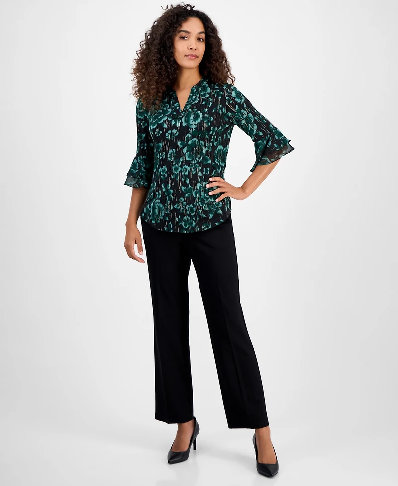 Kasper Women's Floral Print Split-Neck Bell-Sleeve Blouse, Regular and Petite