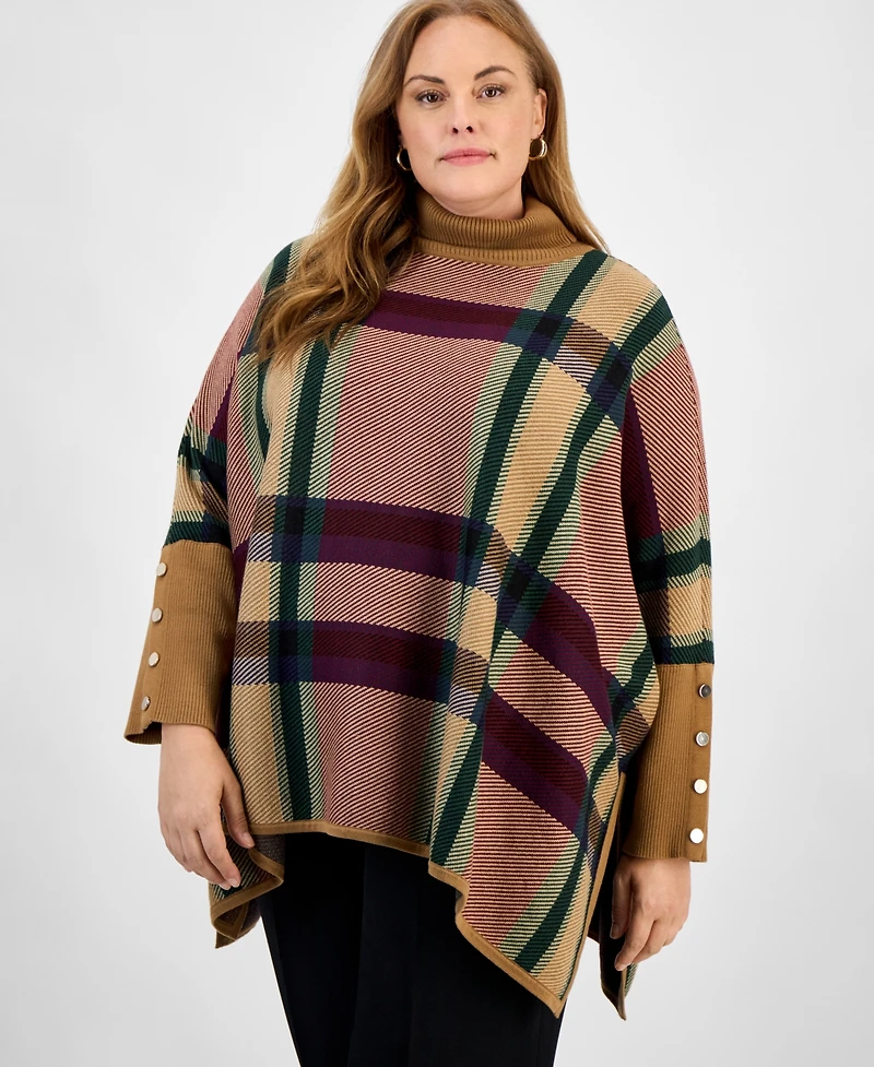 Jones New York Plus Plaid Drop-Shoulder Button-Cuff Sweater