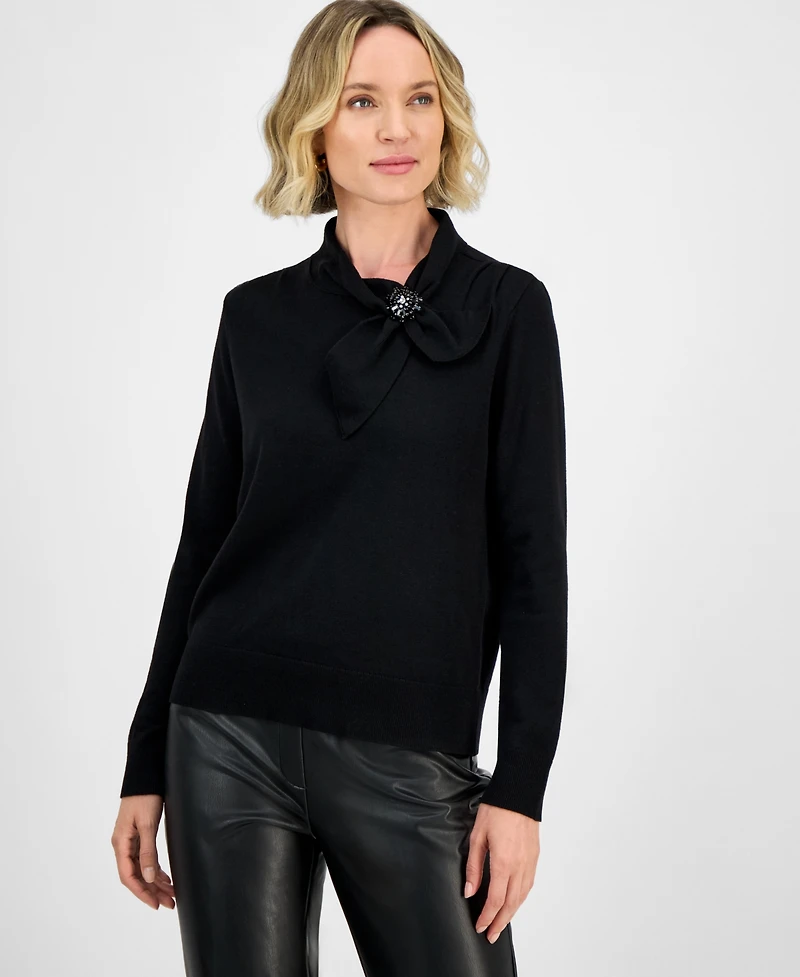 Kasper Women's Beaded-Brooch Tie-Neck Sweater