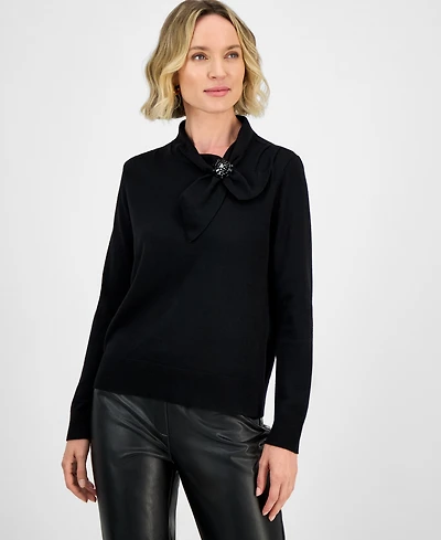Kasper Women's Beaded-Brooch Tie-Neck Sweater