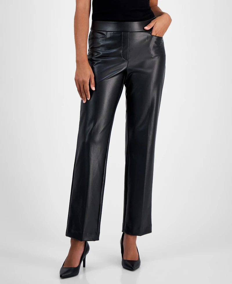 Kasper Faux-Leather Mid-Rise Straight-Leg Pants, Regular & Petites