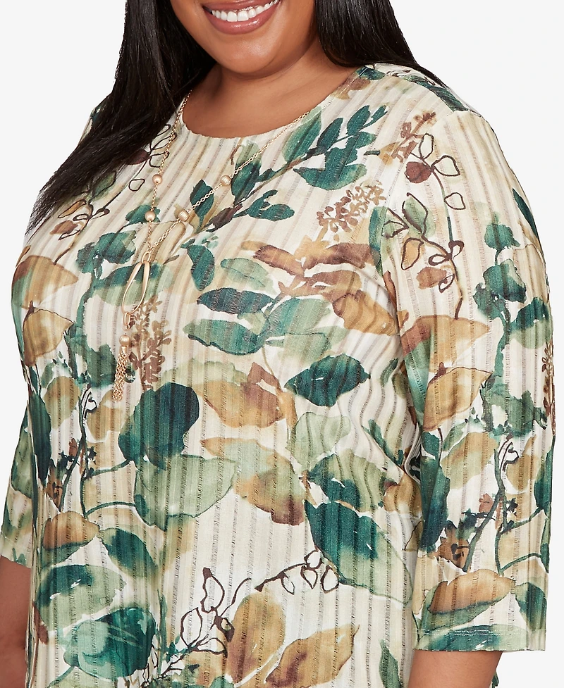 Alfred Dunner Plus Mount Laurel Abstract Leaf Sharkbite Hem Pull On Top with Necklace