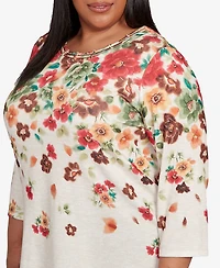 Alfred Dunner Plus Mount Laurel Floral Detailed Neck Top
