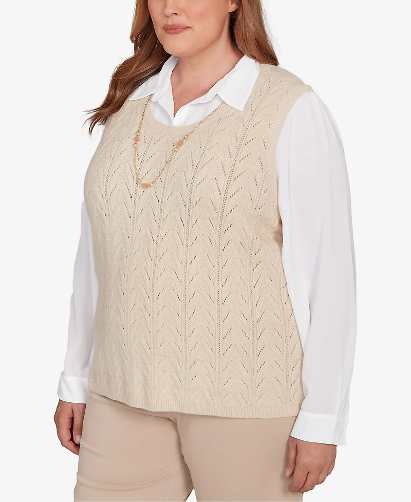 Alfred Dunner Plus Urban Legend Pointelle Texture Two One Sweater with Necklace