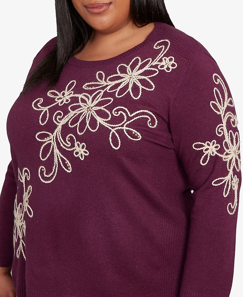 Alfred Dunner Plus Urban Legend Diagonal Floral Embroidered Sweater