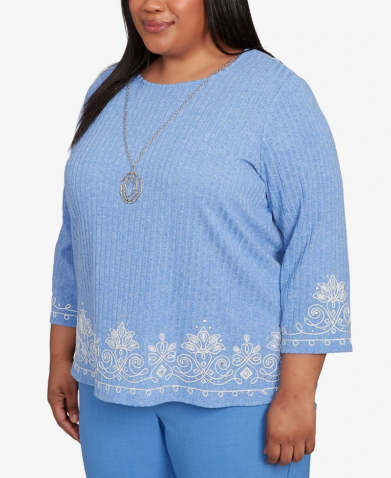 Alfred Dunner Plus As Usual Medallion Bordered Periwinkle Pull On Top with Necklace