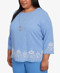 Alfred Dunner Plus As Usual Medallion Bordered Periwinkle Pull On Top with Necklace