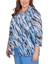 Alfred Dunner Plus Textured Mesh Printed Two One Top with Necklace