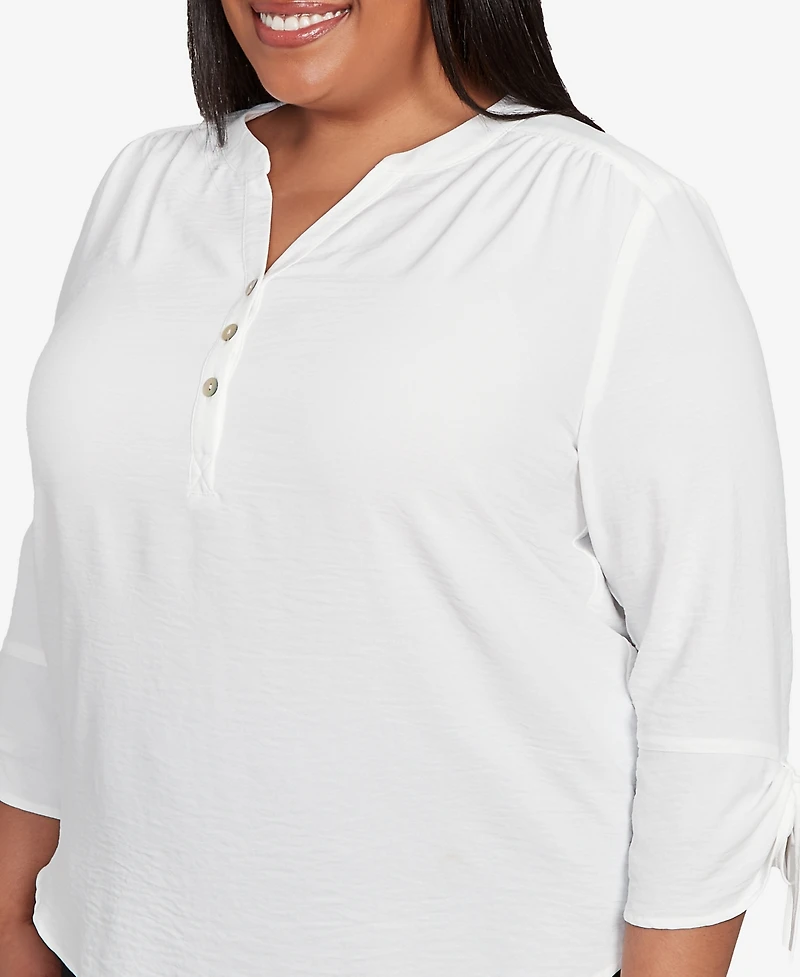 Alfred Dunner Plus As Usual Tie Sleeve Crinkle Textured Henley Top