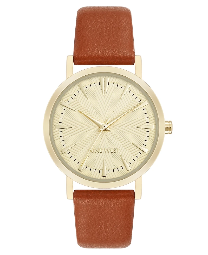 Nine West Women's Quartz Signature Brown Leather and Gold-Tone Watch, 34mm