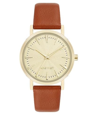 Nine West Women's Quartz Signature Brown Leather and Gold-Tone Watch, 34mm