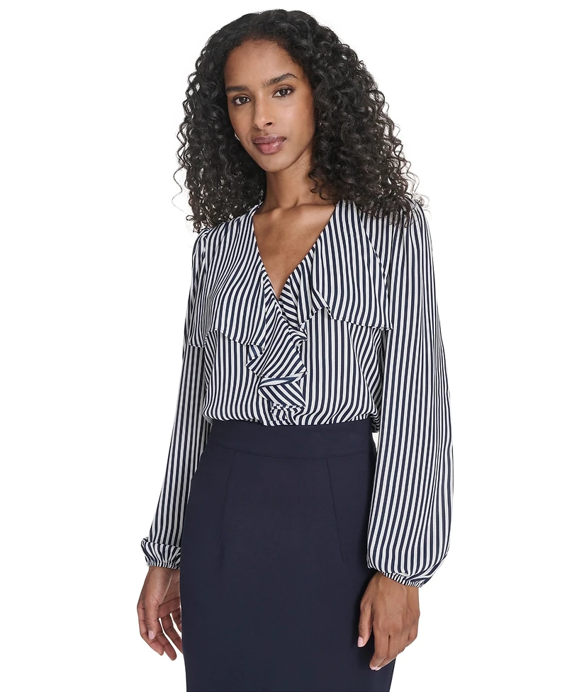 Tommy Hilfiger Women's Striped V-Neck Ruffle Top