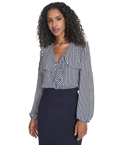 Tommy Hilfiger Women's Striped V-Neck Ruffle Top