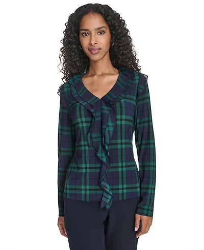 Tommy Hilfiger Women's Long Sleeve Plaid Mixed Media Ruffle Top