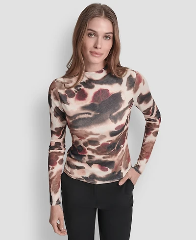 Dkny Women's Fitted Funnel Neck Tissue Mesh Long Sleeve Top