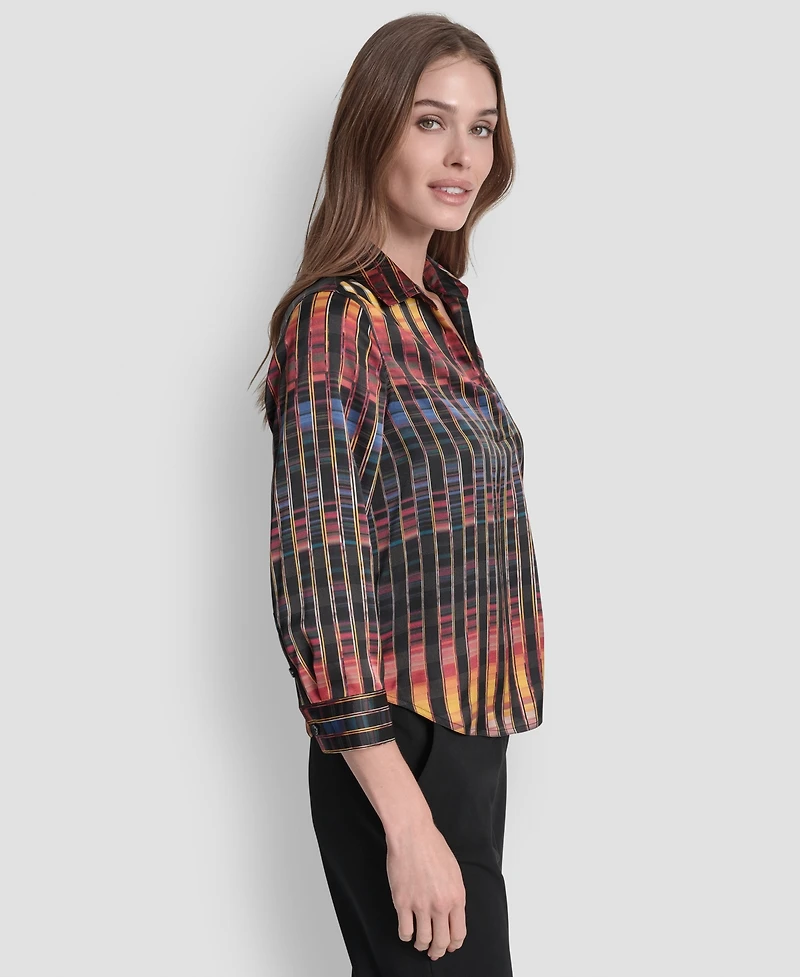 Dkny Women's Printed Satin Long Sleeve V-Neck Blouse