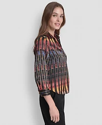 Dkny Women's Printed Satin Long Sleeve V-Neck Blouse