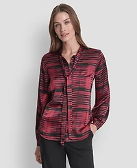 Dkny Women's Printed Satin with Covered Placket and Tie Neck Blouse