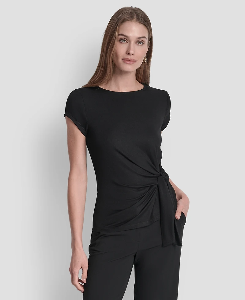 Dkny Women's Short Sleeve Rib Knit Waist Tie Detail Top
