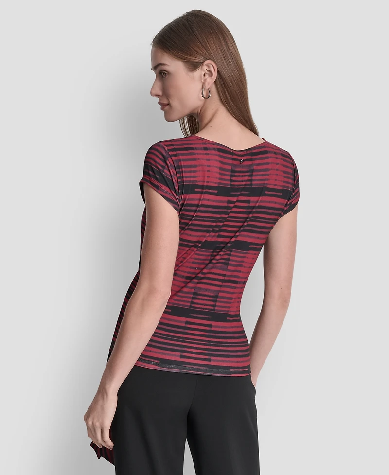 Dkny Women's Printed Jersey Waist Tie Detail Knit Top
