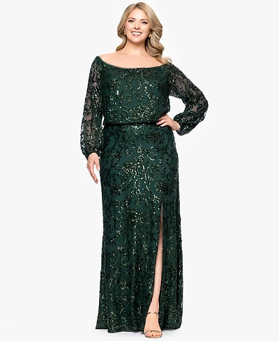Xscape Plus Sequin Off-The-Shoulder Side-Slit Gown