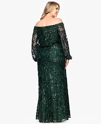 Xscape Plus Sequin Off-The-Shoulder Side-Slit Gown