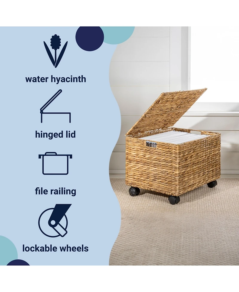 Happimess Ashton 18.11" Classic Farmhouse Hand-Woven Hyacinth Rolling Filing Basket with Lid and 360 Degree Lockable Wheels