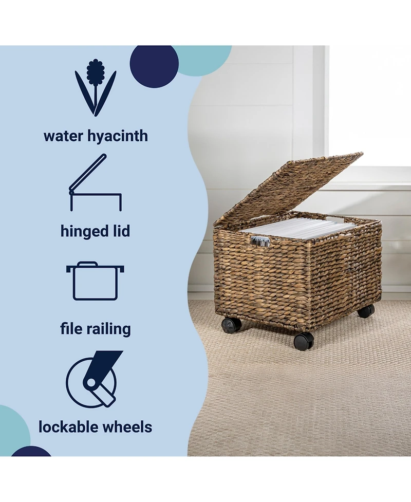 Happimess Ashton 18.11" Classic Farmhouse Hand-Woven Hyacinth Rolling Filing Basket with Lid and 360 Degree Lockable Wheels