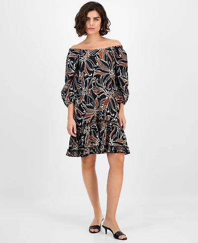 Robbie Bee Women's Square-Neck Ruffle-Trim 3/4-Sleeve Dress