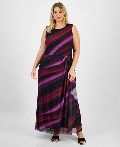 London Times Plus Floral Long-Sleeve Flounce-Hem Midi Dress