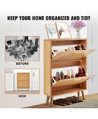 Slickblue Shoe Cabinet with 2 Flip Drawers and Rattan Doors, Freestanding Entryway Organizer